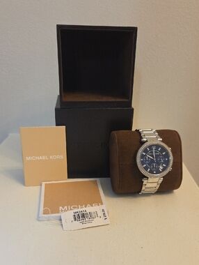 Michael Kors Silver Watch with Navy Crystal Bezel